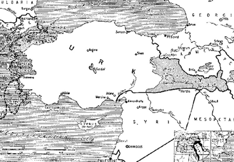 خريطة معاهدة سيفر ويظهر فيها وقوع كامل لواء الإسكندرون ضمن سوريا