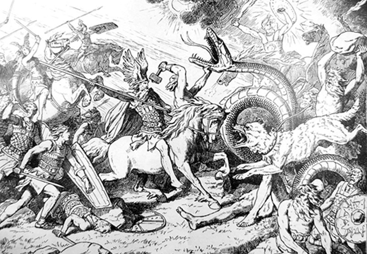 رسم تخيلي يصوّر التحام الآلهة في معركة &quot;راجناروك&quot; النهائية
