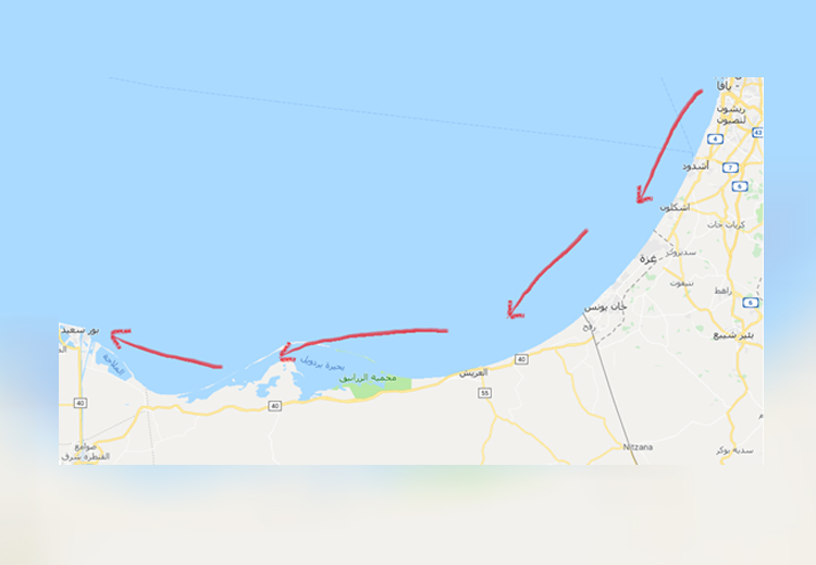 خط سير المراكب من يافا باتجاه بورسعيد
