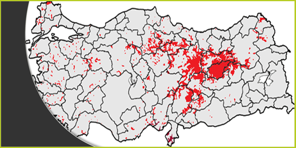 أماكن انتشار علويي تركيا في الأناضول، حيث يتركز تواجدهم في المناطق الجبلية الوسطى من البلاد