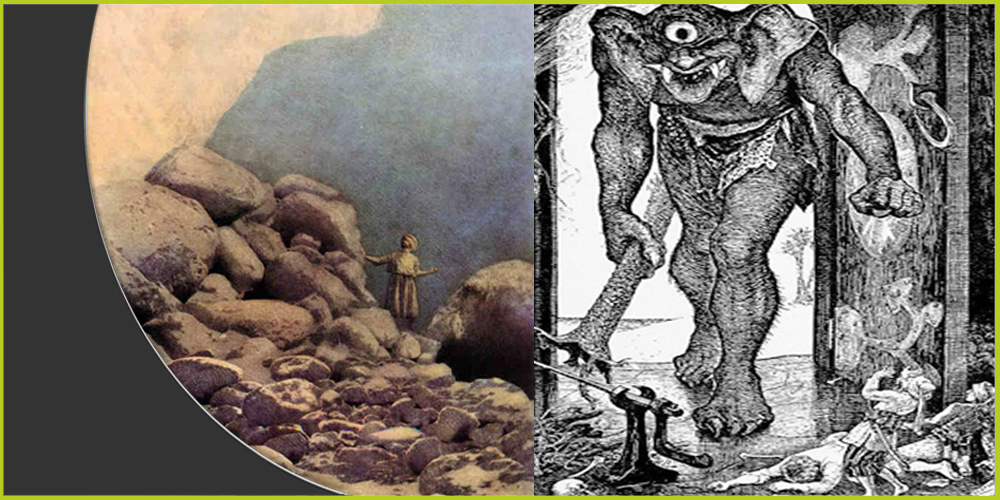 من الطبعات الأوروبية: السندباد في وادي الألماس (يسار) ورسم لمواجهة السندباد الغول في الرحلة الثالثة