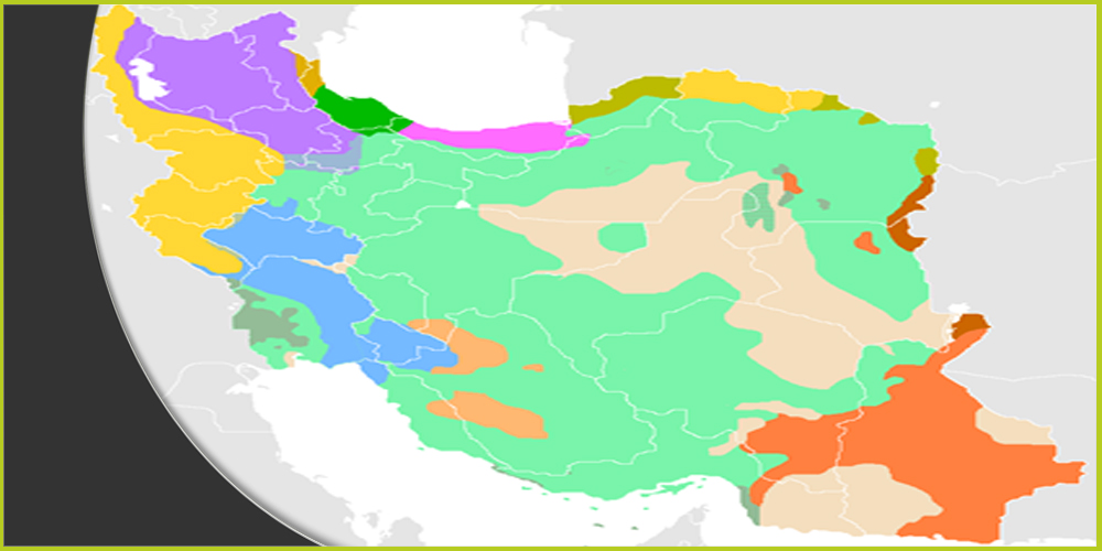 خريطة توزيع العرقيات في إيران؛ حيث يمثل اللون الأصفر مناطق تواجد الأكراد