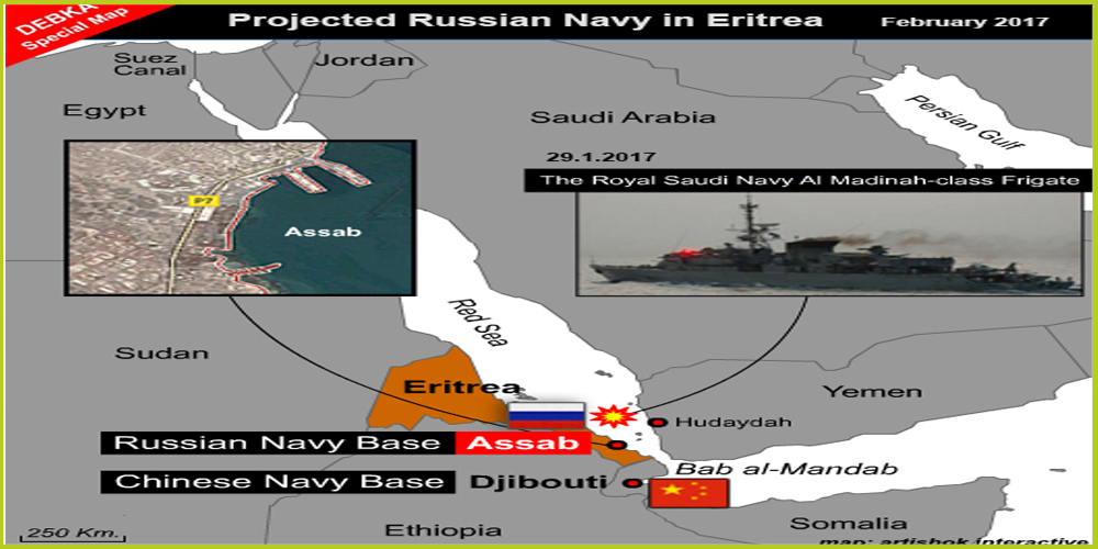 خريطة القاعدة العسكرية الروسية ويظهر في قربها القاعدة العسكرية الصينية المقامة في جيبوتي