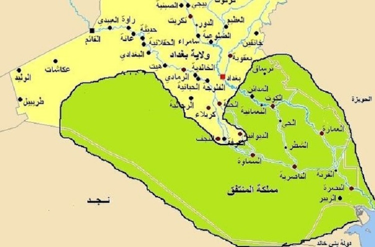 باللون الأخضر حدود إمارة المنتفق بجنوب العراق حالياً في أقصى اتساع لها أواخر القرن 17