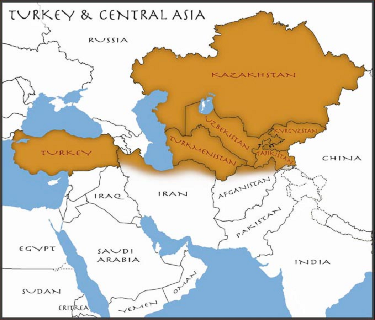 باللون البني... تركيا (في الغرب) ودول آسيا الوسطى (في الشرق)
