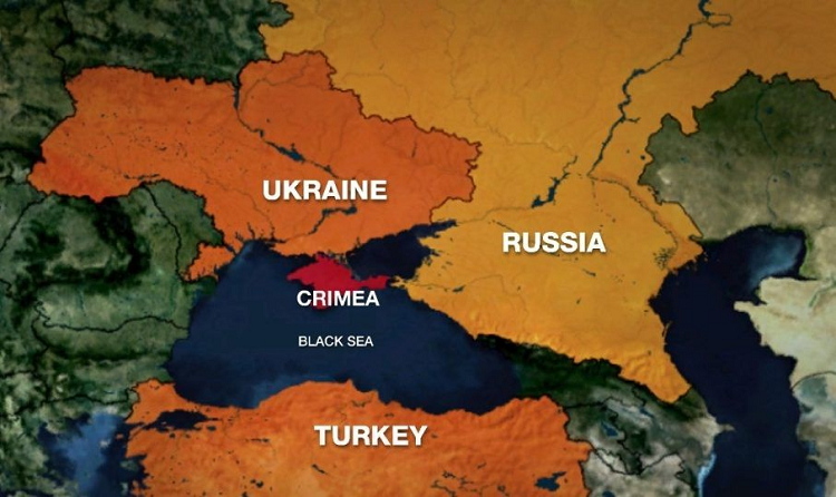 موقع شبه جزيرة القرم (باللون الأحمر).. بين أوكرانيا وروسيا وتركيا