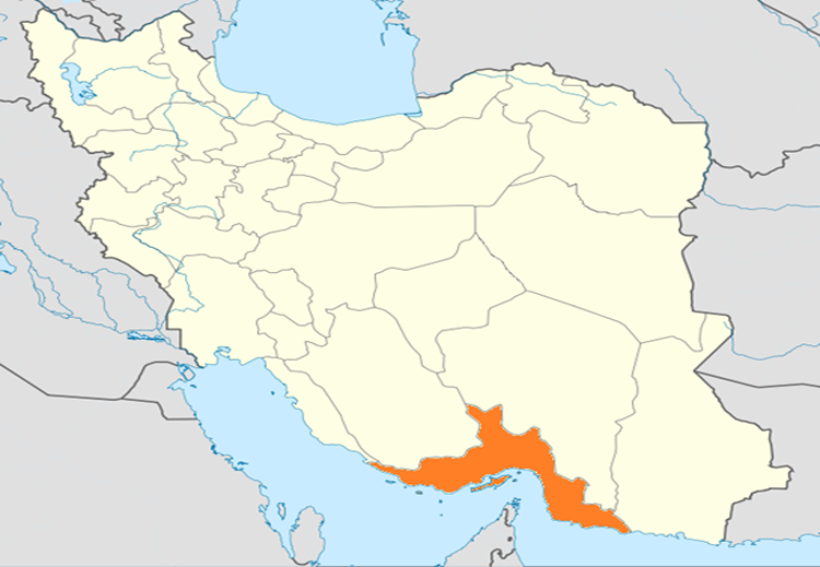     باللون البرتقالي تظهر حدود منطقة "بر فارس" (محافظة هرمزكان اليوم) حيث استقرّ العباسيون