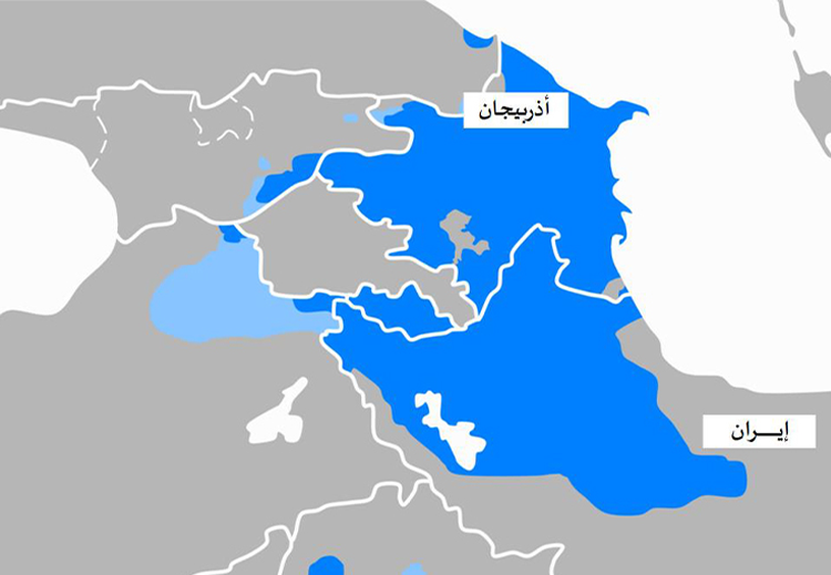 باللون الأزرق الداكن.. مناطق انتشار العرقية الأذرية بين إيران وأذربيجان