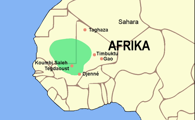 باللون الأخضر: مملكة غانا في أقصى اتساع لها... وتتوزع اليوم ما بين مالي وموريتانيا 