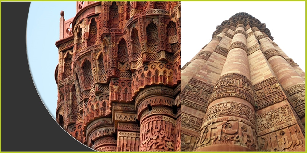 مئذنة جامع &quot;قطب منار&quot; بالهند، حيث بلغت العمارة الهندية الذروة في استخدام التفاصيل الفنية والزخرفية لتزيين المآذن