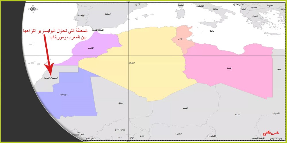 خريطة توضح أراضي الصحراء الغربية بين موريتانيا والمغرب حيث تنشط البوليساريو