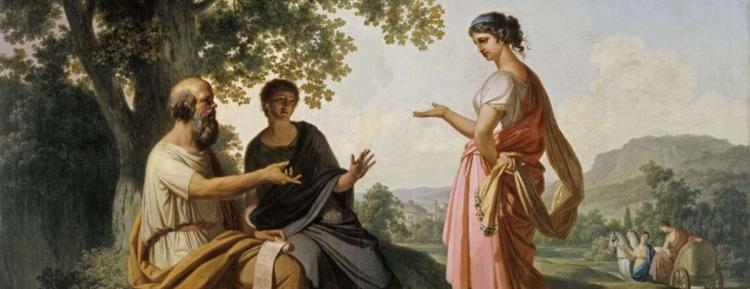 لوحة فنية تمثل سقراط مع المعلمة ديوتيما