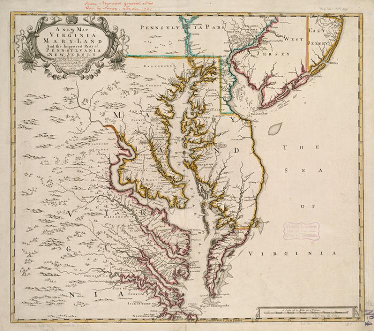 خريطة 1719 لماريلاند وفرجينيا وخليج تشيسابيك
