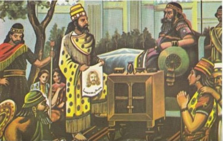 رسم متخيل لملك الرها أبجر الخامس عند استقباله رسول يسوع